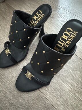Versace Couture Black Quilted Studded Mule Sandals